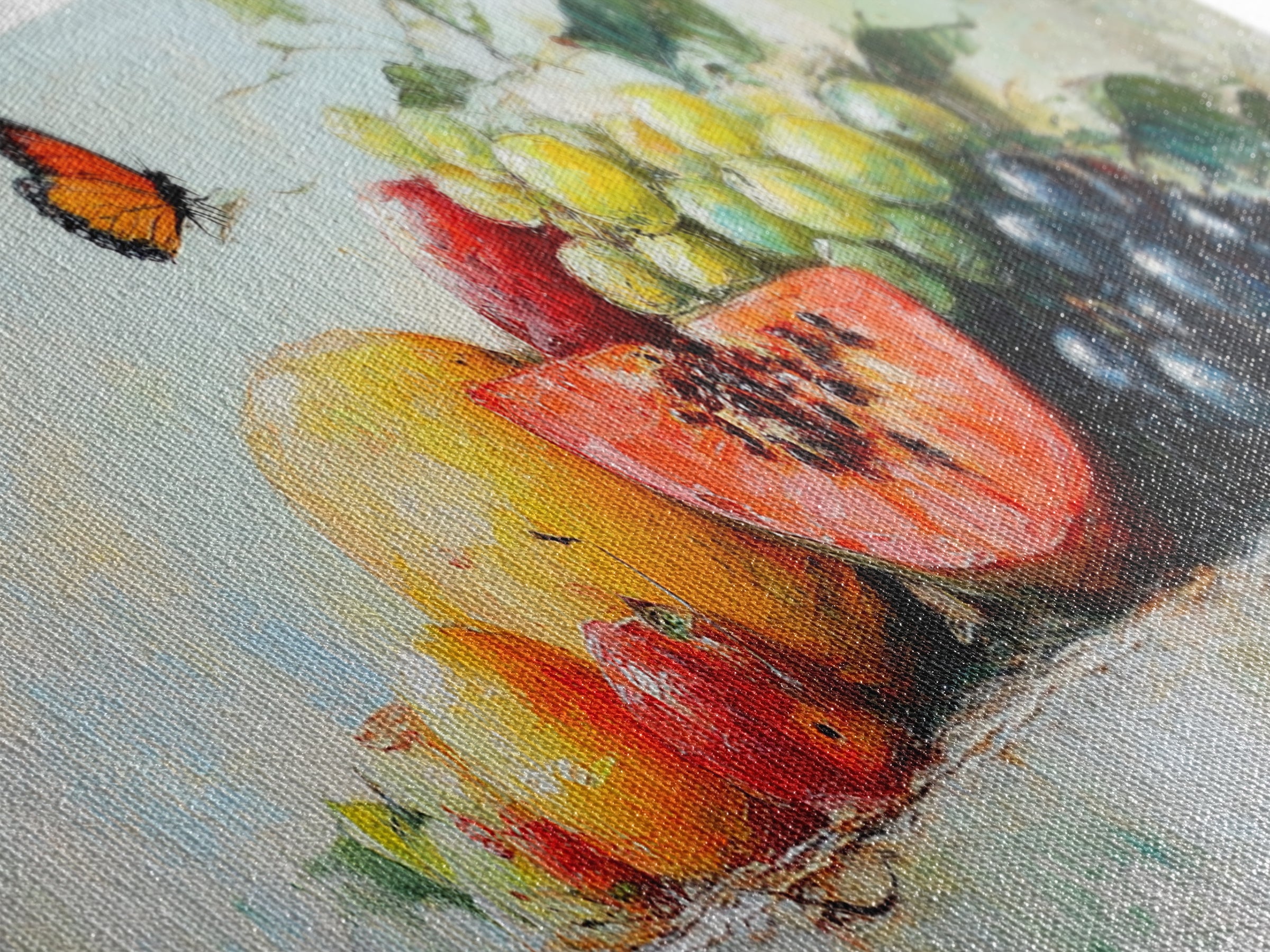 Tropical Fruit And Butterfly Still Life Wall Art, Colorful Kitchen Canvas Print, Summer Farmhouse Decor, Food Lover Gift Art Print
