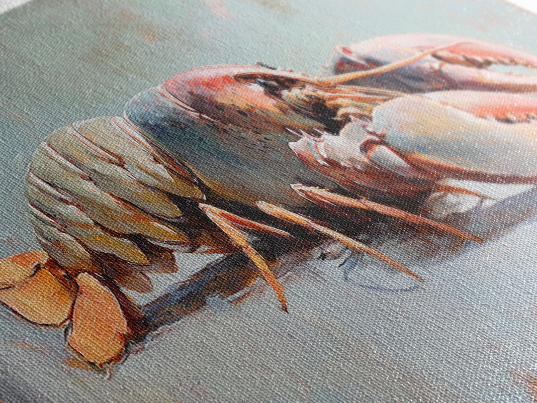 Realistic Lobster On Blue Table Canvas Print, Coastal Kitchen Wall Art, Seafood Decor, Nautical Home Decor, Beach House Gift