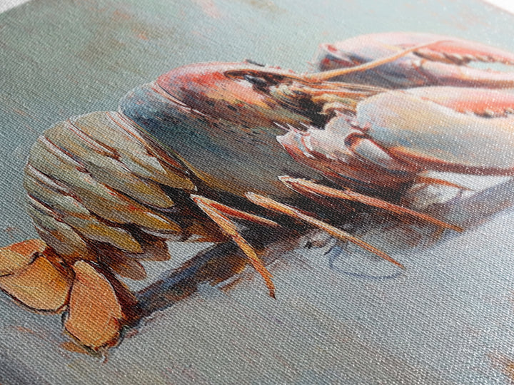 Realistic Lobster On Blue Table Canvas Print, Coastal Kitchen Wall Art, Seafood Decor, Nautical Home Decor, Beach House Gift