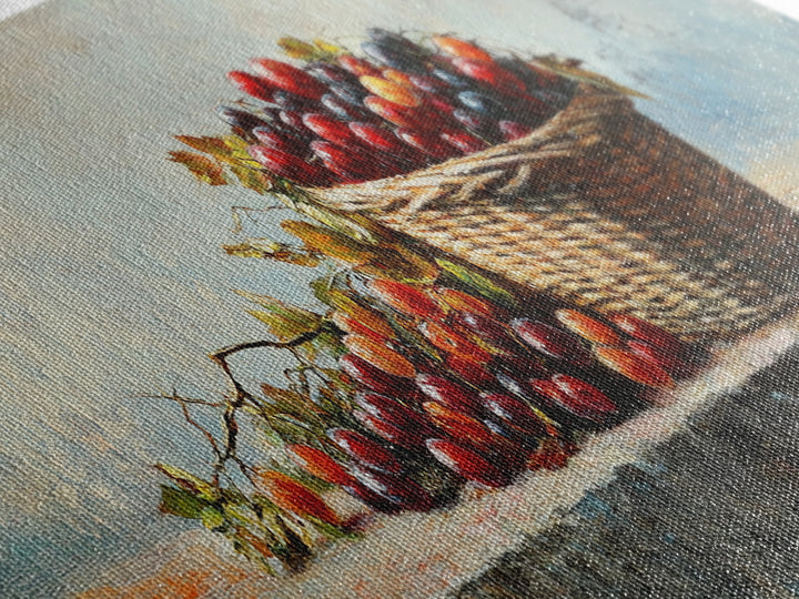 Basket Of Red Cherries Still Life Wall Art, Rustic Kitchen Decor, Fruit Painting Print, Farmhouse Dining Room Wall Decor