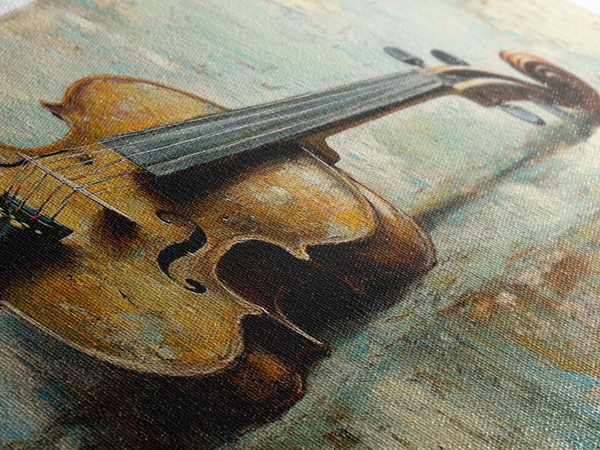 Antique Violin On Weathered Blue Table Framed Canvas Print, Music Room Wall Art, Rustic Studio Decor, Gifts For Musicians