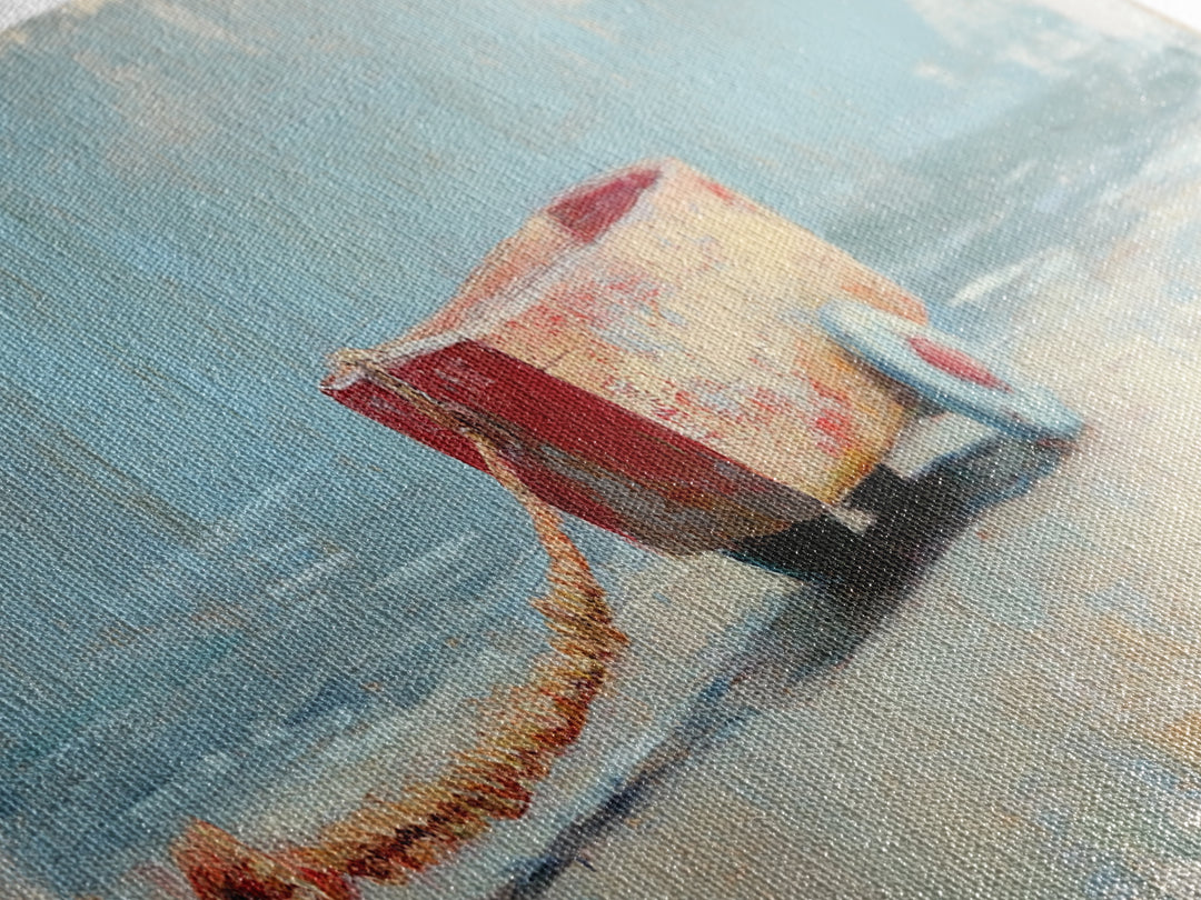 Small Red Toy Boat With Rope Framed Canvas Print, Nautical Wall Art, Coastal Nursery Decor, Beach House Gift For Kids Room Decor