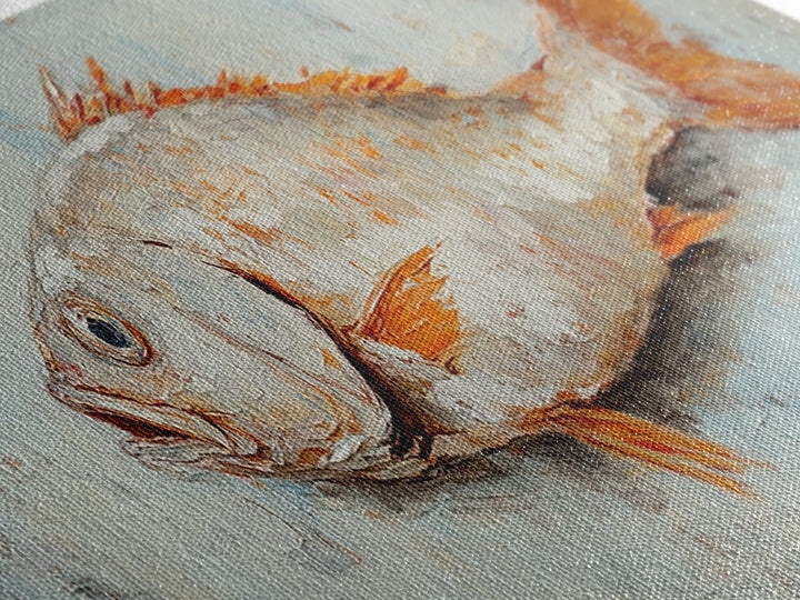 Textured Silver Fish Coastal Wall Art, Nautical Kitchen Decor, Seafood Painting Print, Beach House Ocean Art, Rustic Canvas