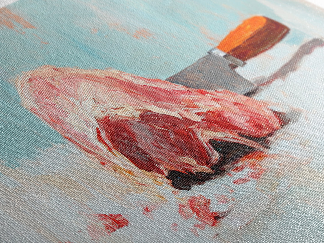 Pink Steak And Knife Kitchen Canvas Print, Butcher Shop Wall Decor, Foodie Gift, Rustic Still Life Art For Dining Room Decor