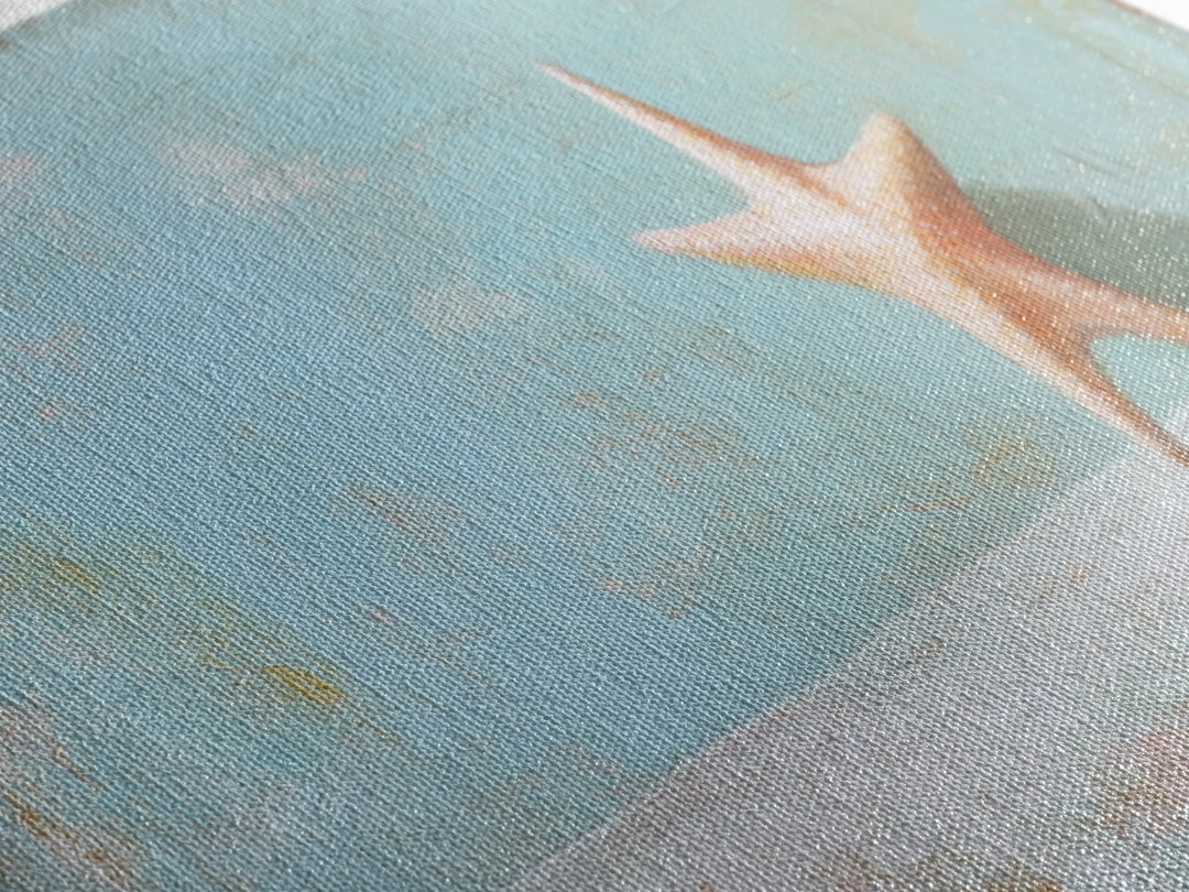 Single Starfish On Weathered Blue Shelf Wall Art, Minimalist Coastal Decor, Beach House Bathroom Canvas Print, Ocean Wall Decor
