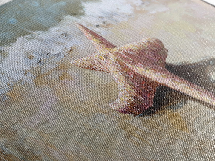 Pink Starfish On Sandy Beach Canvas Print, Coastal Wall Art, Ocean Waves Decor, Summer Beach House Bathroom Wall Decor Gift