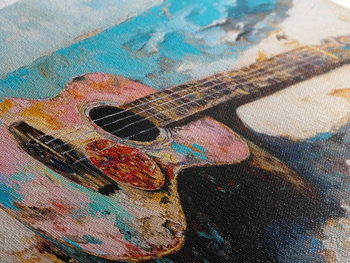 Weathered Acoustic Guitar On Beach Canvas Print, Coastal Wall Art, Music Room Decor, Ocean Art Print, Gift For Guitar Lover