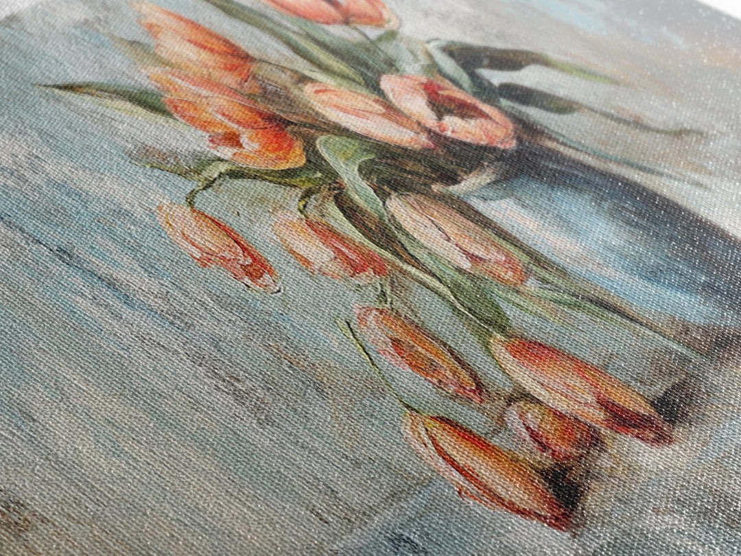 Orange Tulips In Blue Vase Framed Canvas Print, Rustic Floral Wall Art, Farmhouse Decor, Still Life Painting Gift For Her