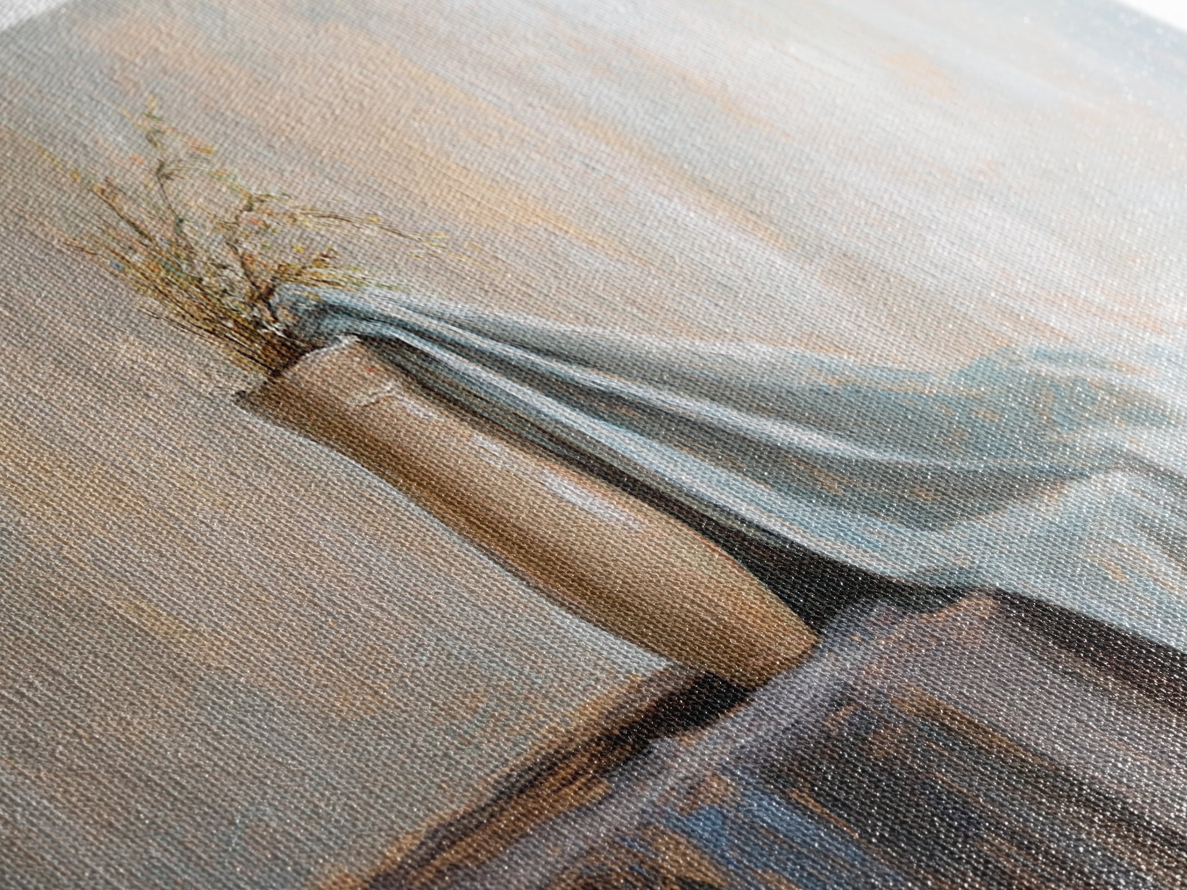Beige Vase With Dried Grass And Blue Draped Cloth Wall Art, Wabi Sabi Canvas Print, Neutral Home Decor For Living Room Gift
