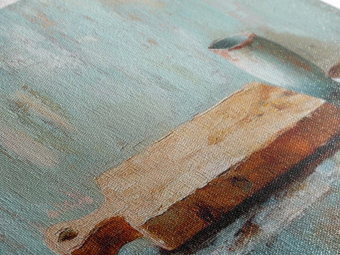 Wooden Cutting Board And Blue Pottery Wall Art, Rustic Kitchen Decor, Farmhouse Art Print, Still Life Painting, Home Decor