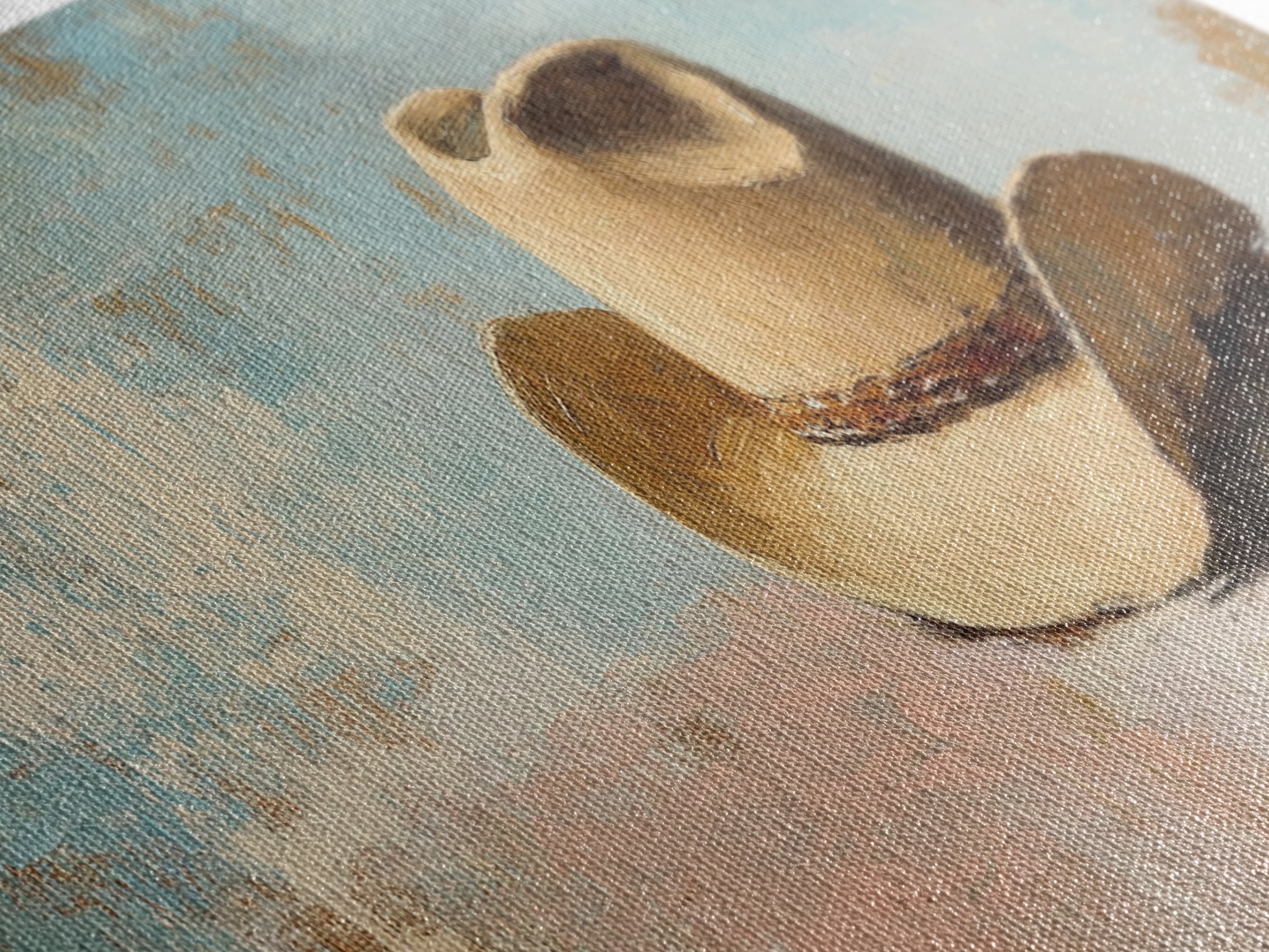 Tan Cowboy Hat On Pastel Blue Canvas Print, Western Wall Art, Rustic Ranch Decor, Southwestern Farmhouse, Neutral Bedroom Decor