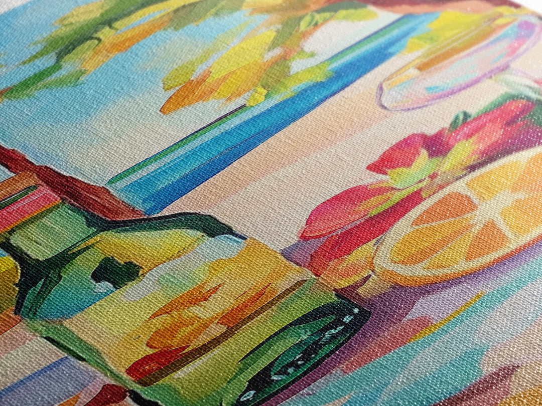 Tropical Wine Bottle And Citrus Still Life Wall Art, Beach House Decor, Coastal Kitchen Art, Summer Bar Cart Canvas Print
