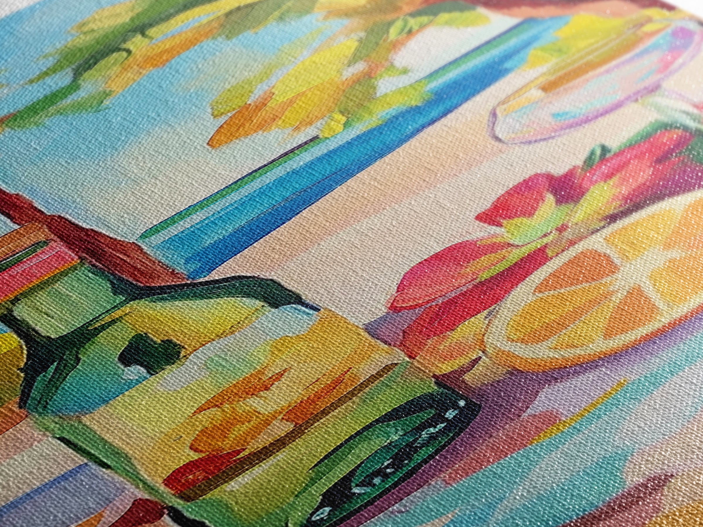 Tropical Wine Bottle And Citrus Still Life Wall Art, Beach House Decor, Coastal Kitchen Art, Summer Bar Cart Canvas Print