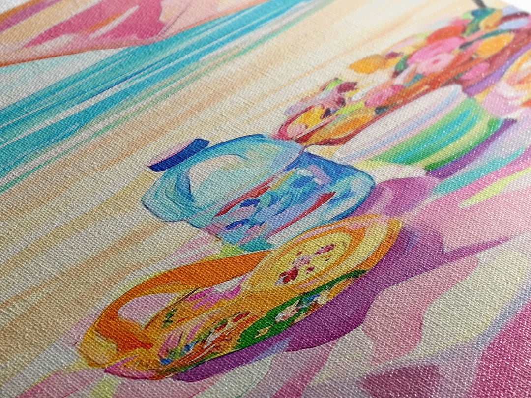 Beach Picnic Under Pink Umbrella Canvas Print, Coastal Wall Art, Colorful Beach House Decor, Summer Kitchen Art Print Gift
