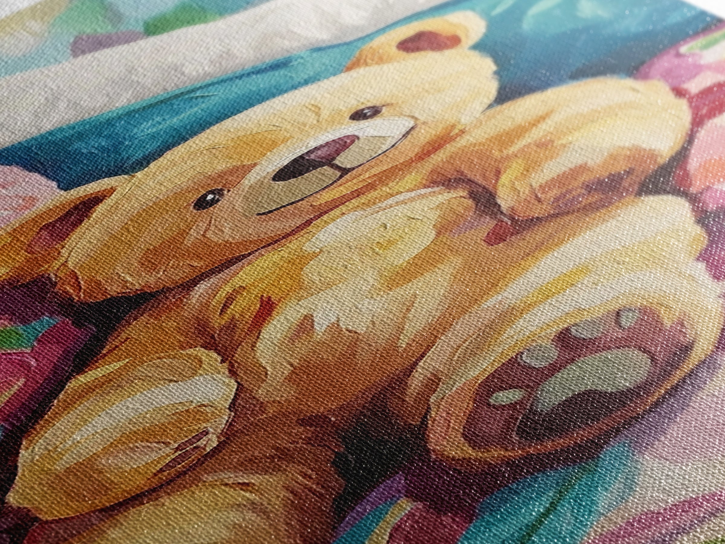 Teddy Bear On Floral Bed Painting, Whimsical Canvas Print, Nursery Wall Art, Kids Room Decor, Baby Shower Gift, Cute Wall Art