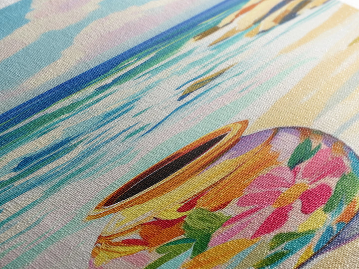 Floral Painted Vase On Sandy Beach Canvas Print, Coastal Wall Art, Ocean Decor, Tropical Flowers, Summer Housewarming Gift
