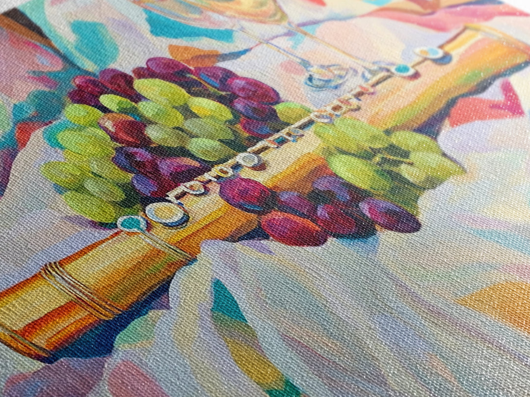 Golden Flute With Wine And Grapes Framed Canvas Print, Music Room Art, Winery Wall Art, Still Life, Dining Room Decor, Gift For Music Lover
