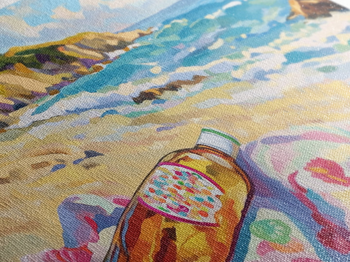 Beach Bottle On Towel Coastal Beach Canvas Print, Ocean Wall Art, Beach House Decor, Nautical Wall Decor, Summer Gift For Her