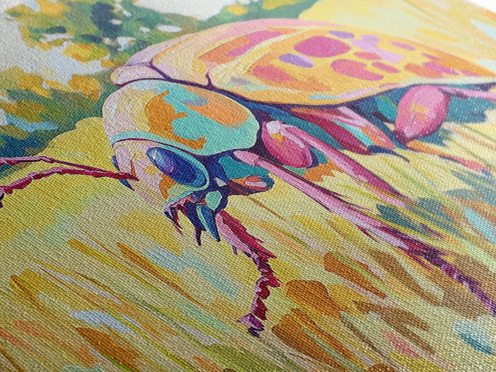 Iridescent Beetle In Golden Meadow Framed Canvas Print, Colorful Insect Wall Art, Nature Inspired Decor, Nature Lover Gift