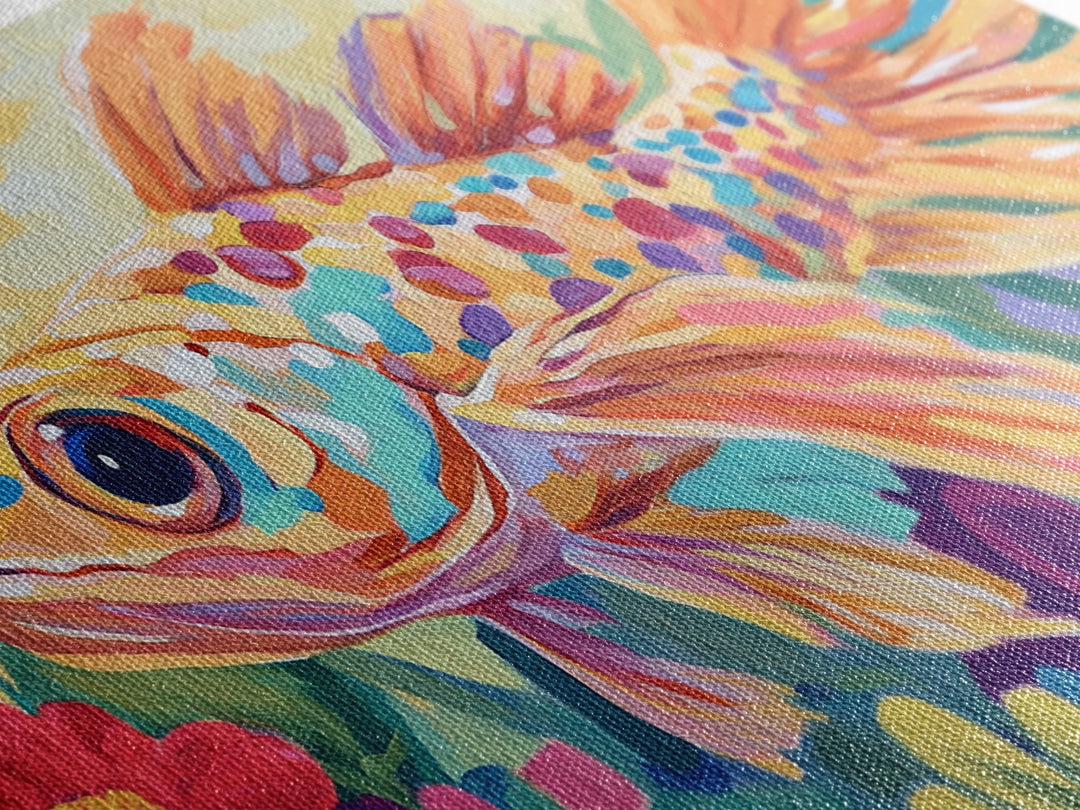 Colorful Goldfish Swimming Through Flowers Canvas Print, Whimsical Animal Wall Art, Ocean Nursery Decor, Bright Bathroom Art