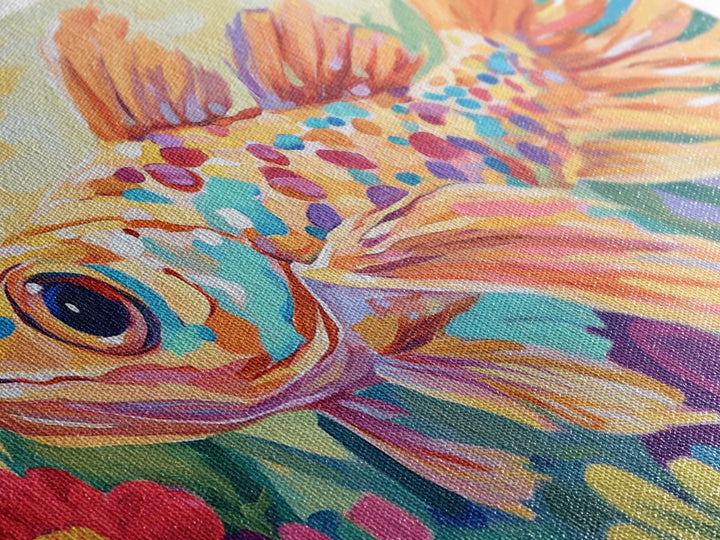 Colorful Goldfish Swimming Through Flowers Canvas Print, Whimsical Animal Wall Art, Ocean Nursery Decor, Bright Bathroom Art