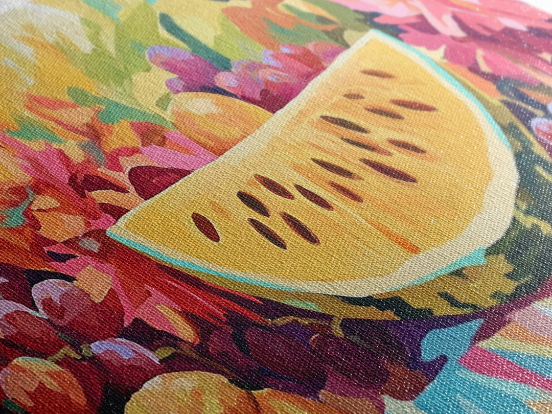 Sunny Watermelon And Summer Fruit Canvas Print, Colorful Kitchen Wall Art, Fruit Still Life, Dining Room Home Decor Gift