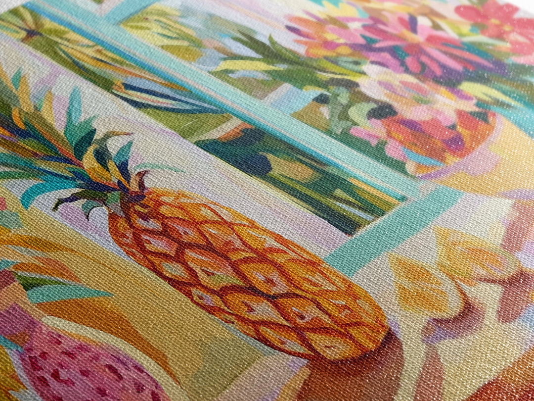 Pineapple And Tropical Flowers Canvas Print, Colorful Kitchen Wall Art, Summer Fruit Still Life, Coastal Home Decor Gift