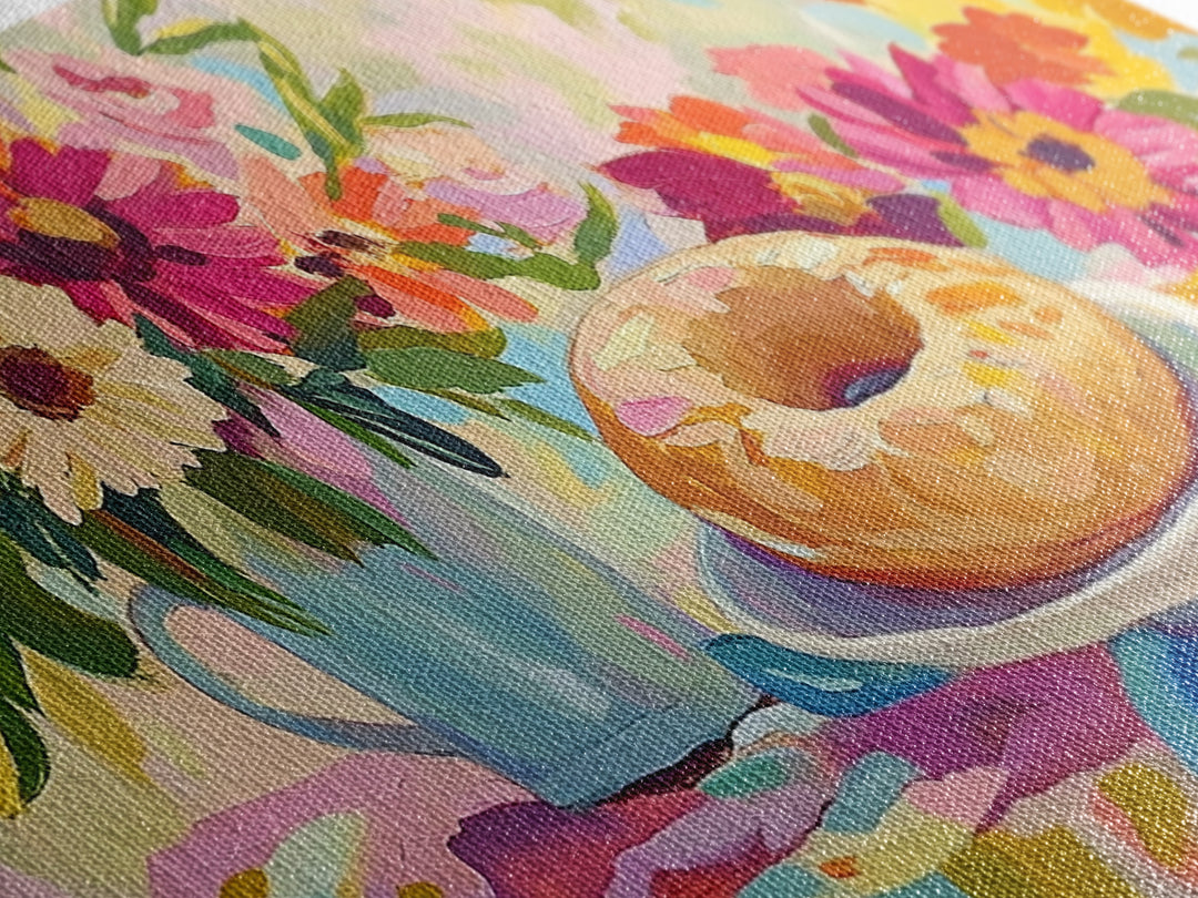 Glazed Donut And Garden Flowers Canvas Print, Bakery Wall Art, Cheerful Kitchen Decor, Colorful Breakfast Nook Art, Housewarming Gift