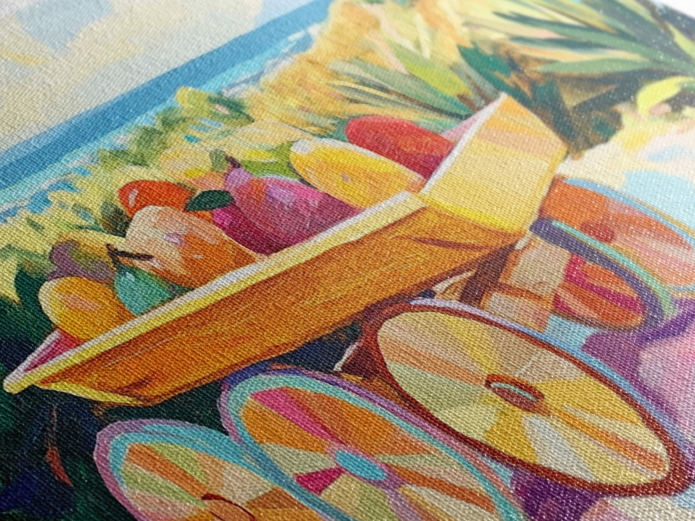 Tropical Fruit Cart By The Sea Canvas Print, Coastal Wall Art, Tropical Beach House Decor, Colorful Summer Kitchen Art Gift