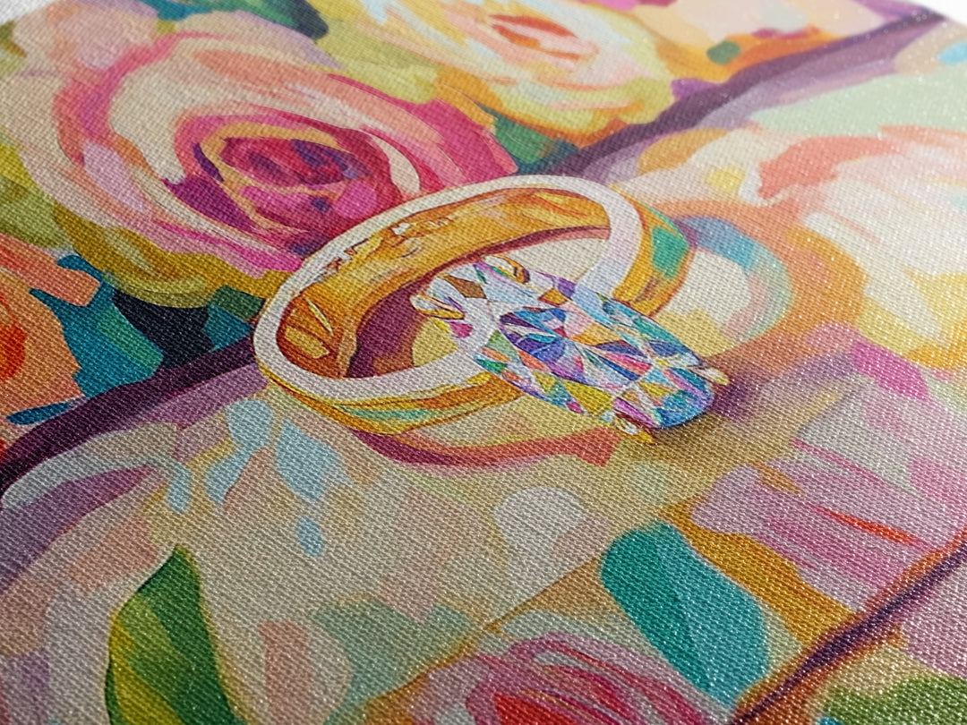 Diamond Engagement Ring With Roses Framed Canvas Print, Romantic Wall Art, Floral Wall Decor, Anniversary Wedding Gift For Her
