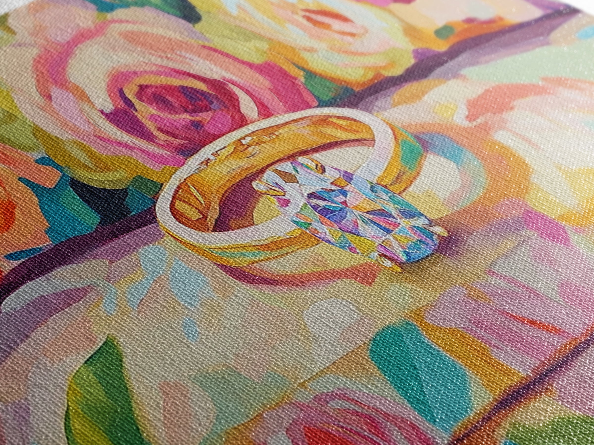 Diamond Engagement Ring With Roses Framed Canvas Print, Romantic Wall Art, Floral Wall Decor, Anniversary Wedding Gift For Her