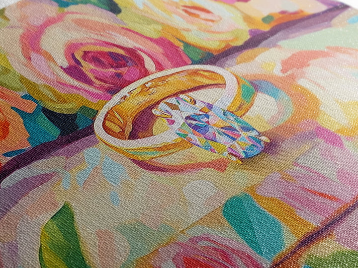 Diamond Engagement Ring With Roses Framed Canvas Print, Romantic Wall Art, Floral Wall Decor, Anniversary Wedding Gift For Her