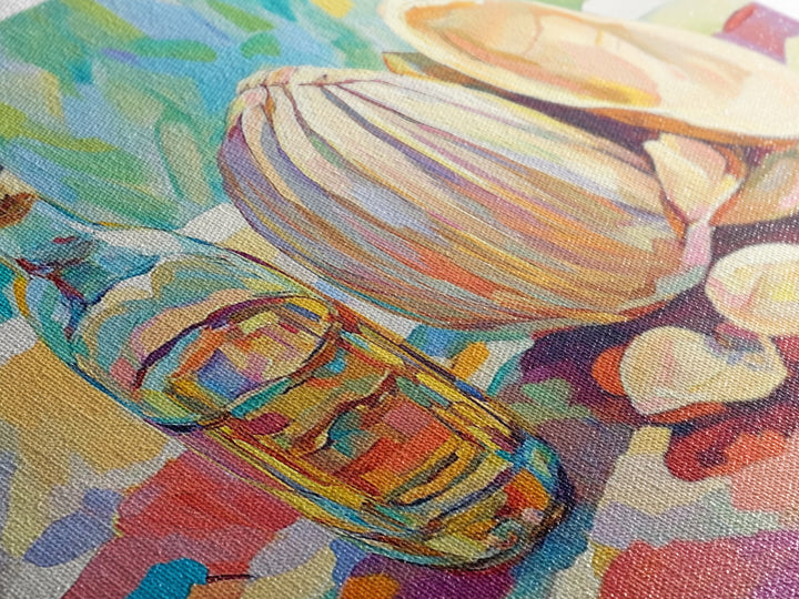 Garlic Bulb With Glass Oil Bottle And Shell Canvas Print, Kitchen Wall Art, Coastal Food Still Life Decor, Housewarming Gift