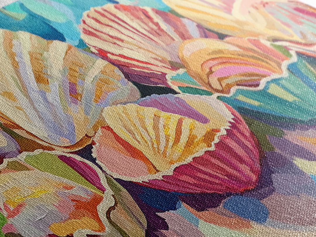 Colorful Scallop Shell Trio Still Life Wall Art, Coastal Bathroom Decor, Seashell Canvas Print, Beach House Gallery Art Print