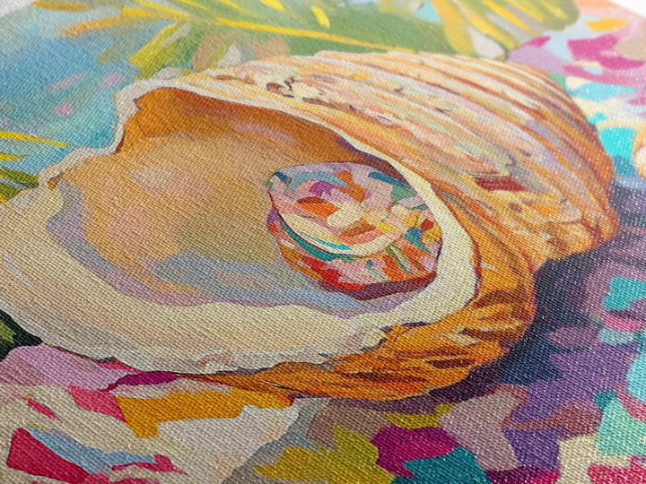Colorful Seashell On Tropical Table Wall Art, Coastal Beach House Decor, Ocean Shell Canvas Print, Summer Nautical Gift Idea