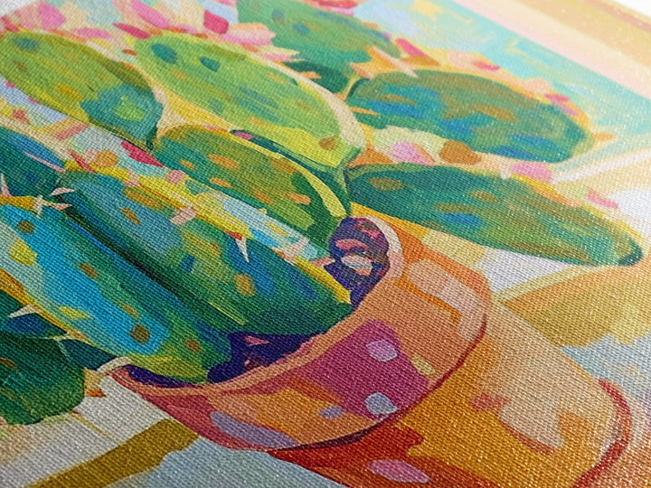 Blooming Prickly Pear Cactus Framed Canvas Print, Colorful Botanical Wall Art, Sunny Window Plant Lover Gift, Boho Home Decor