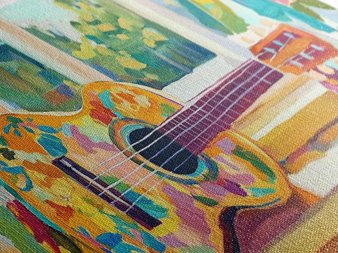 Painted Ukulele By Sunny Window Framed Canvas Print, Music Room Decor, Tropical Wall Art, Boho Home Decor, Gift For Music Lover