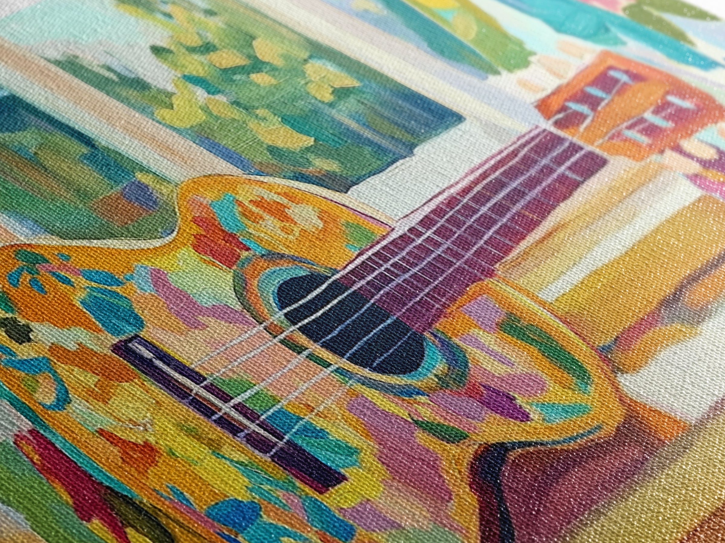 Painted Ukulele By Sunny Window Framed Canvas Print, Music Room Decor, Tropical Wall Art, Boho Home Decor, Gift For Music Lover