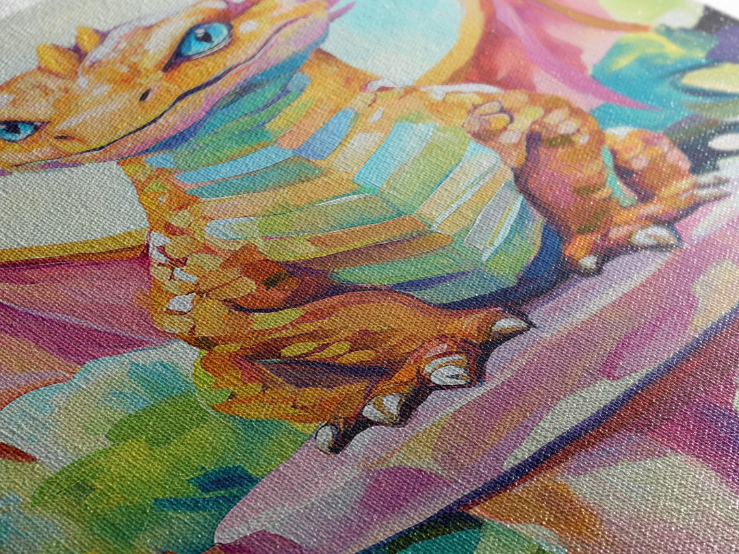 Cute Baby Dragon On Pedestal Canvas Print, Fantasy Wall Art, Whimsical Nursery Decor, Kids Room Art Gift For Dragon Lovers