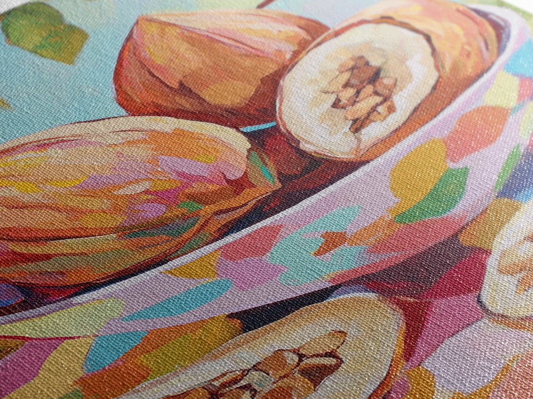 Tropical Cacao Pods In Painted Bowl Wall Art, Colorful Kitchen Canvas Print, Botanical Fruit Still Life, Foodie Home Decor
