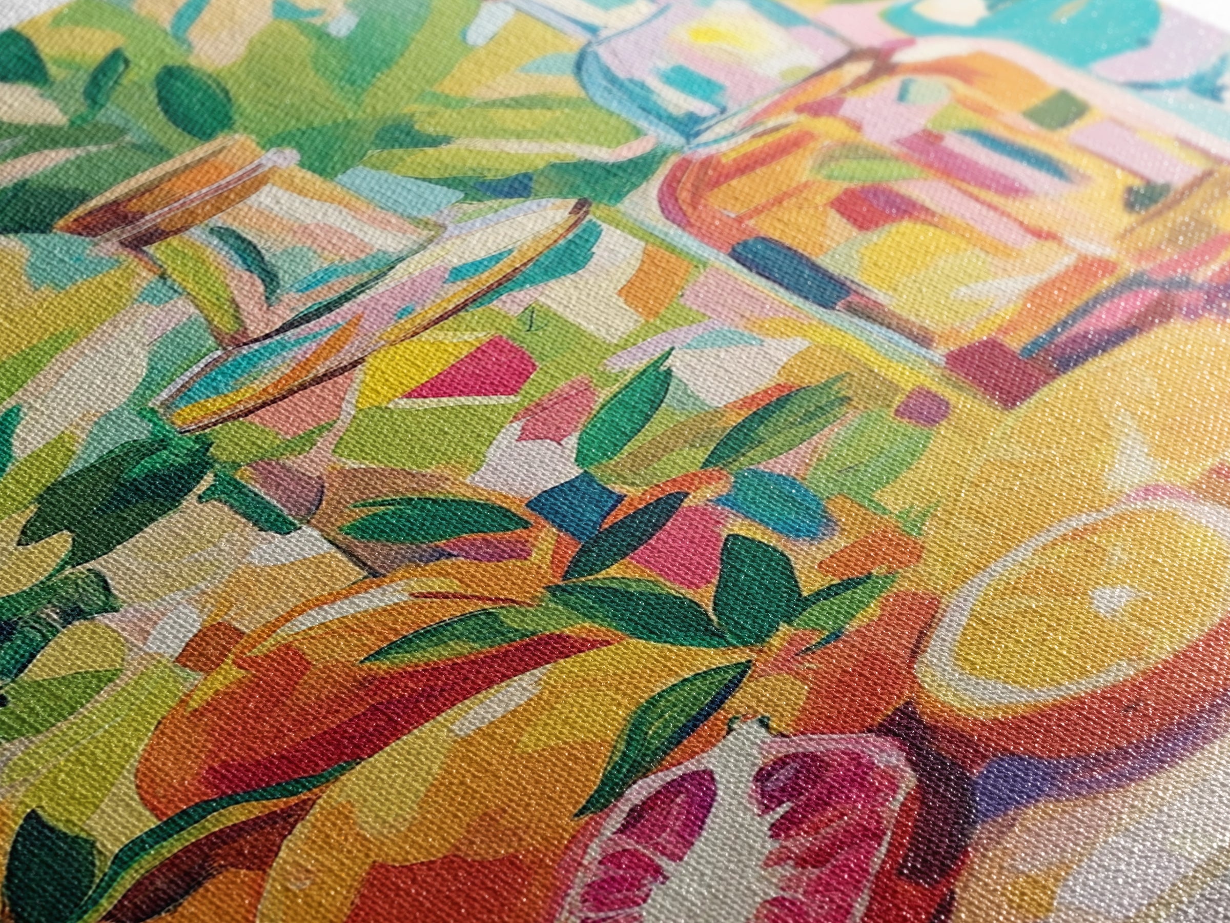 Sunlit Citrus Bottles And Tropical Fruit Canvas Print, Coastal Kitchen Wall Art, Colorful Still Life Dining Room Decor Gift
