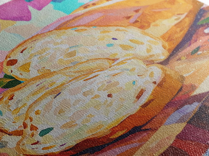 Sliced Artisan Bread On Wooden Board Canvas Print, Kitchen Wall Art, Food Illustration, Rustic Kitchen Decor, Gift For Baker