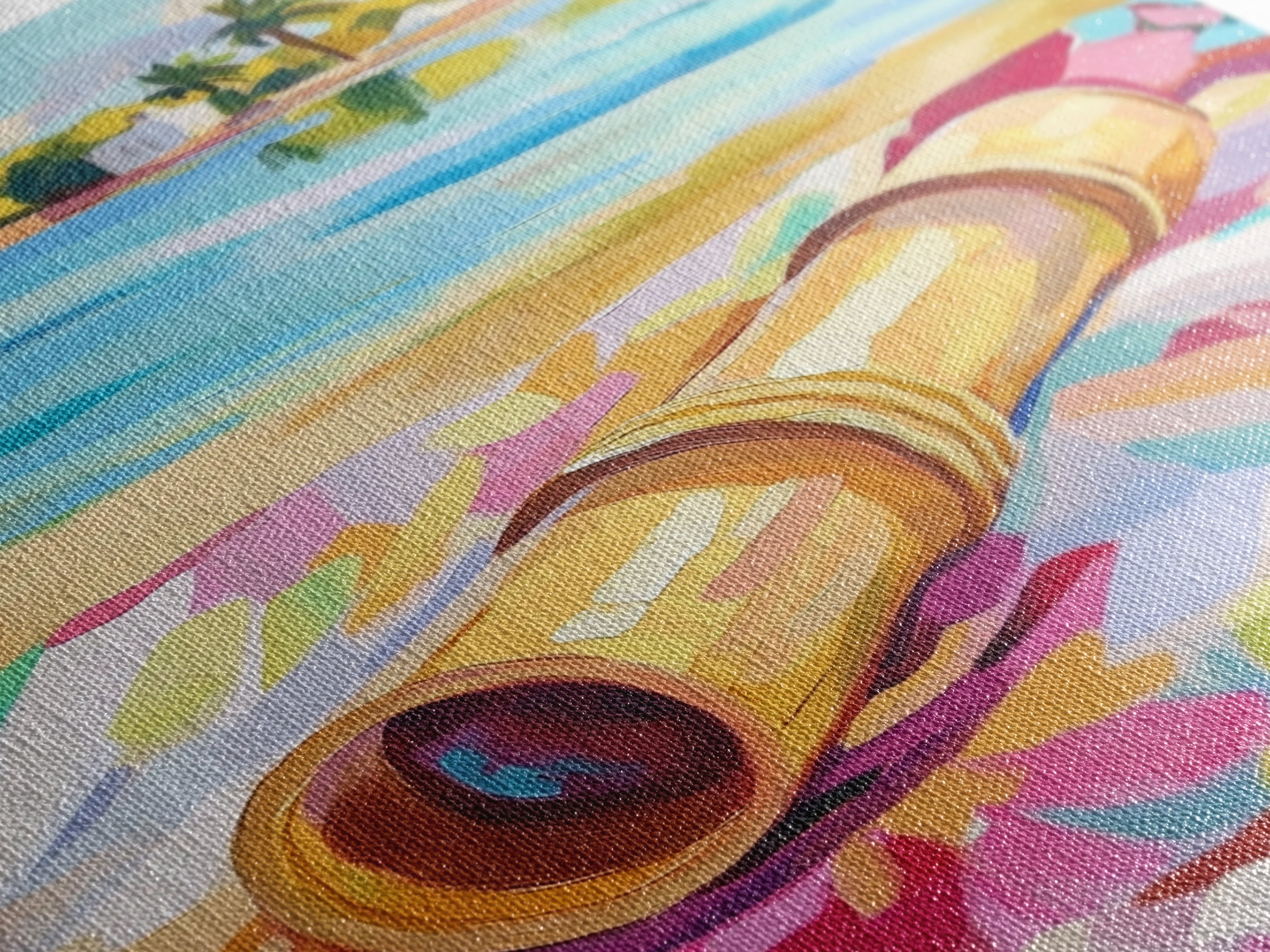 Brass Telescope On Tropical Beach Towel Wall Art, Colorful Coastal Canvas, Summer Travel Decor, Beach House Living Room Print