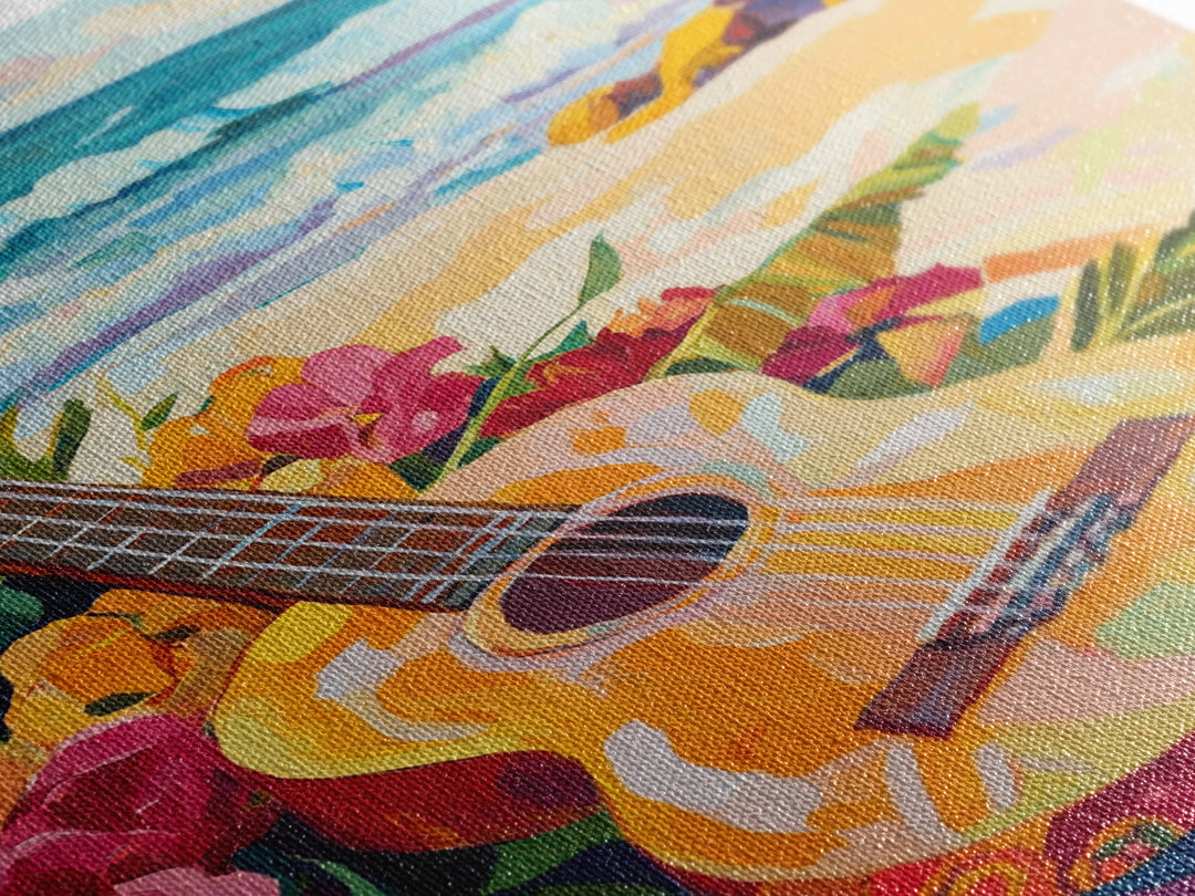 Tropical Guitar On Sunny Beach Canvas Print, Coastal Wall Art, Ocean Music Decor, Beach House Gift For Music Lover, Living Room Wall Art