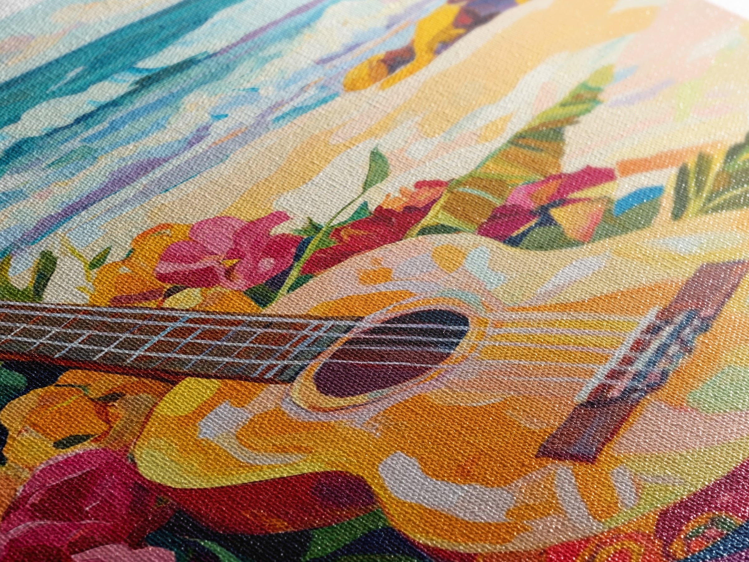 Tropical Guitar On Sunny Beach Canvas Print, Coastal Wall Art, Ocean Music Decor, Beach House Gift For Music Lover, Living Room Wall Art