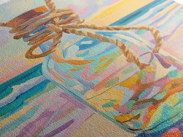 Glass Message Bottle Tied With Rope Canvas Print, Coastal Wall Art, Beach House Decor, Ocean Sunset Print, Nautical Gift