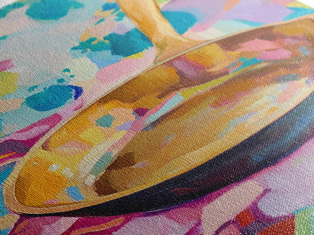 Golden Skillet Pan On Bright Cloth Canvas Print, Colorful Kitchen Wall Art, Foodie Home Decor, Housewarming Gift, Art Print
