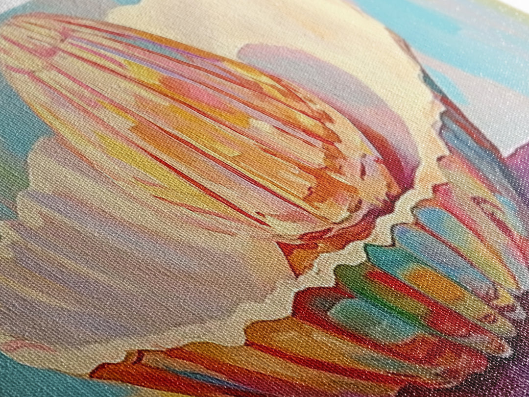 Pastel Seashells On Painted Plate Canvas Print, Coastal Wall Art, Beach House Decor, Ocean Art Print, Bathroom Wall Decor