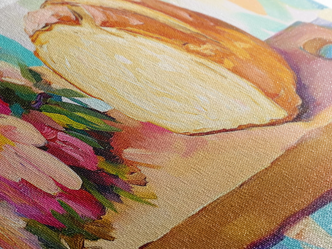 Crusty Bread Loaf And Flowers Canvas Print, Cozy Kitchen Wall Art, Bakery Decor, Food Still Life Art Print, Housewarming Gift