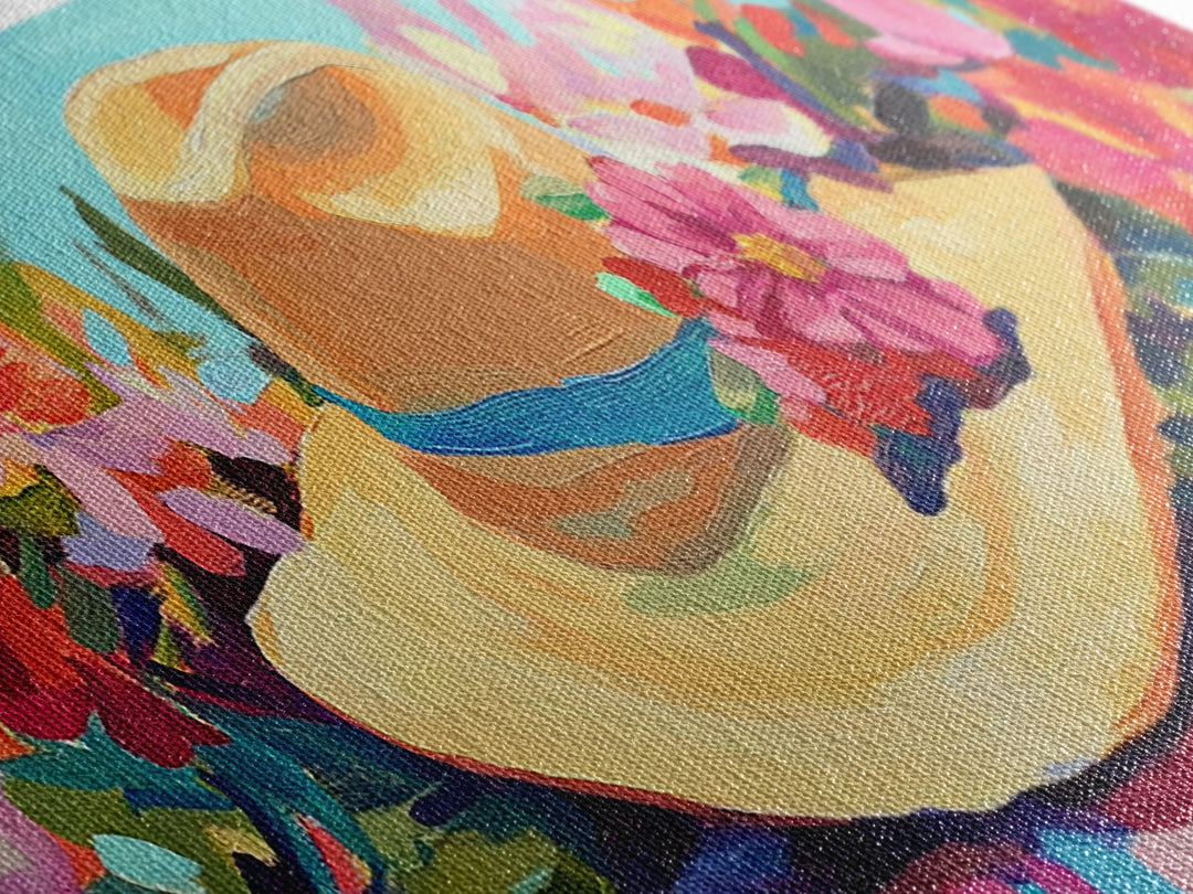 Straw Sun Hat With Tropical Flowers Canvas Print, Beach Wall Art, Coastal Cowgirl Decor, Summer Fashion Gift For Her Home Decor